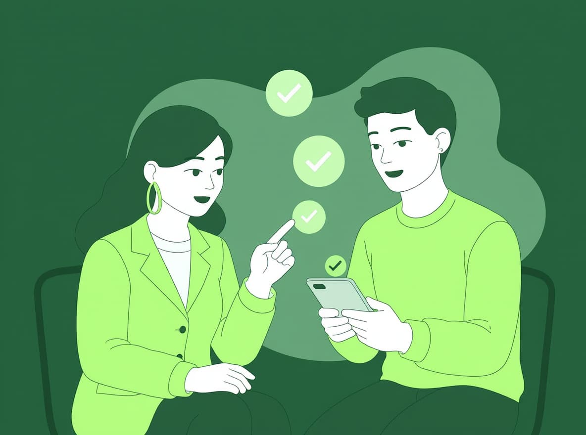 Illustratie van hulpverlener en jongere met telefoon